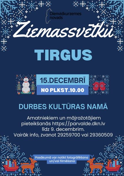 15. decembrī Ziemassvētku tirdziņš Durbē